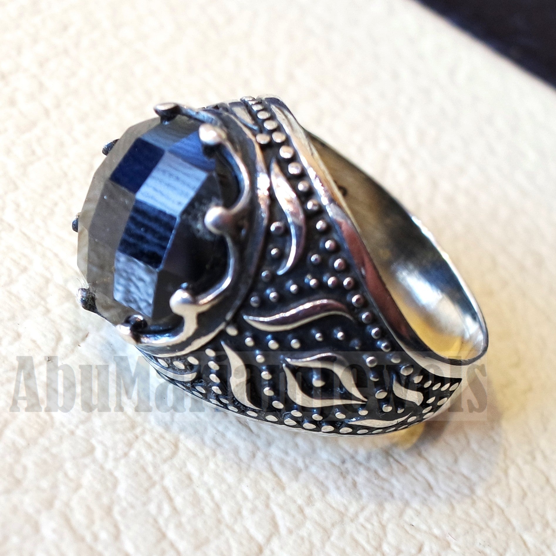 onyx round man ring sterling silver 925 black faceted stone cabochon a ...