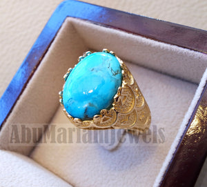 18k yellow gold men ring blue Arizona turquoise stone high quality natural stone all sizes Ottoman signet style fine jewelry fast shipping