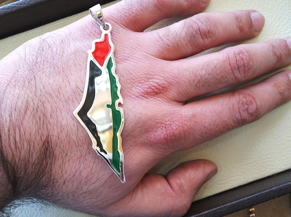 Huge heavy Palestine map & flag pendant sterling silver 925 k high quality enamel colorful jewelry arabic fast shipping خارطه و علم فلسطين