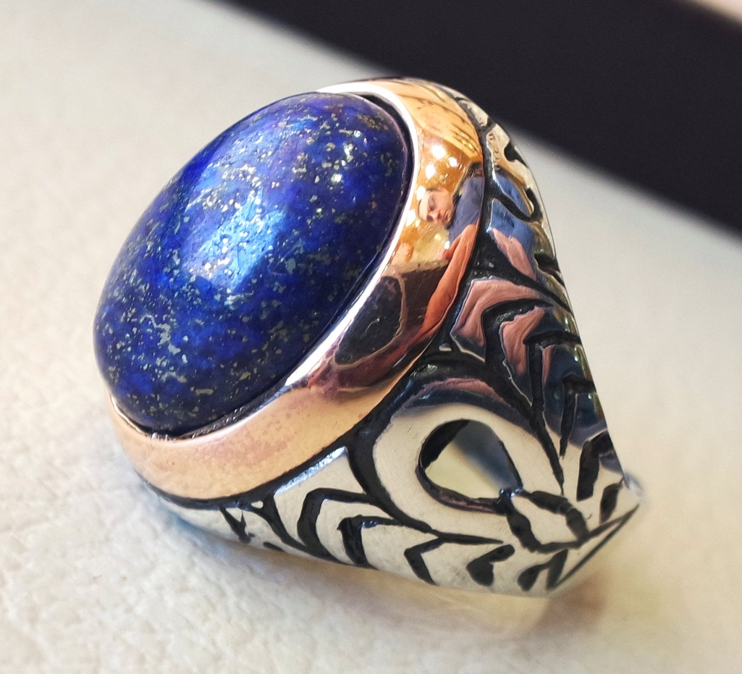 lapis lazuli men ring oval cabochon natural blue stone bronze and ster ...
