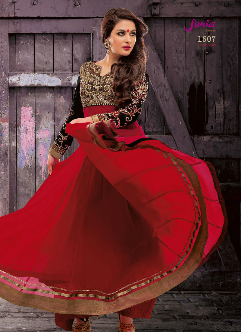 Red black rich combination chiffon material contrast embroidery ...