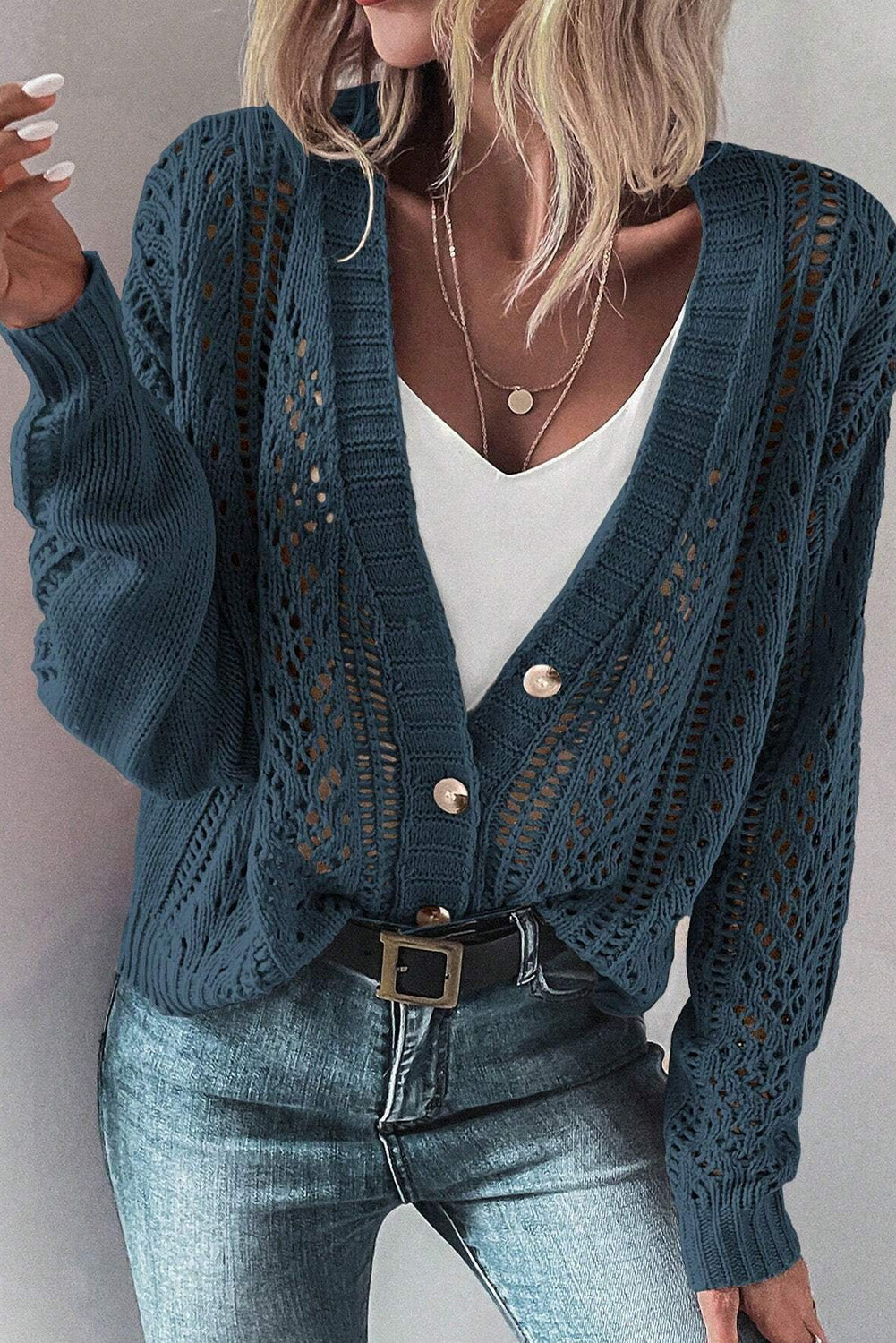 Real Teal Open Knit V Neck Button Front Drop Shoulder Plus Size Cardigan