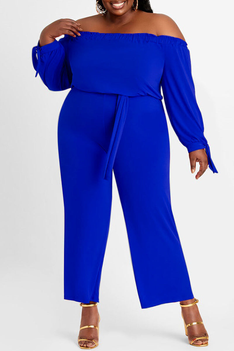 Blue Fashion Casual Solid Backless Off the Shoulder Plus Size Jumpsuits