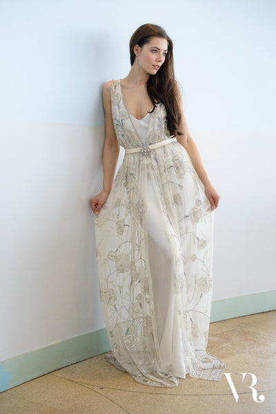  Bohemian  wedding  gown  adorned in hand beaded roses vickyrowe