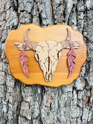 Bull Skull with Feathers Scroll Art - SewChy Designs and More LLC