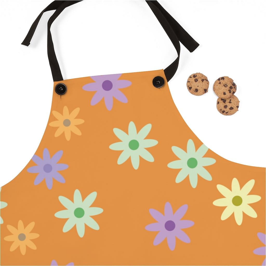Orange Cooking Apron With Nice Flowers / Sturdy Kitchen Apron Of Good Quality