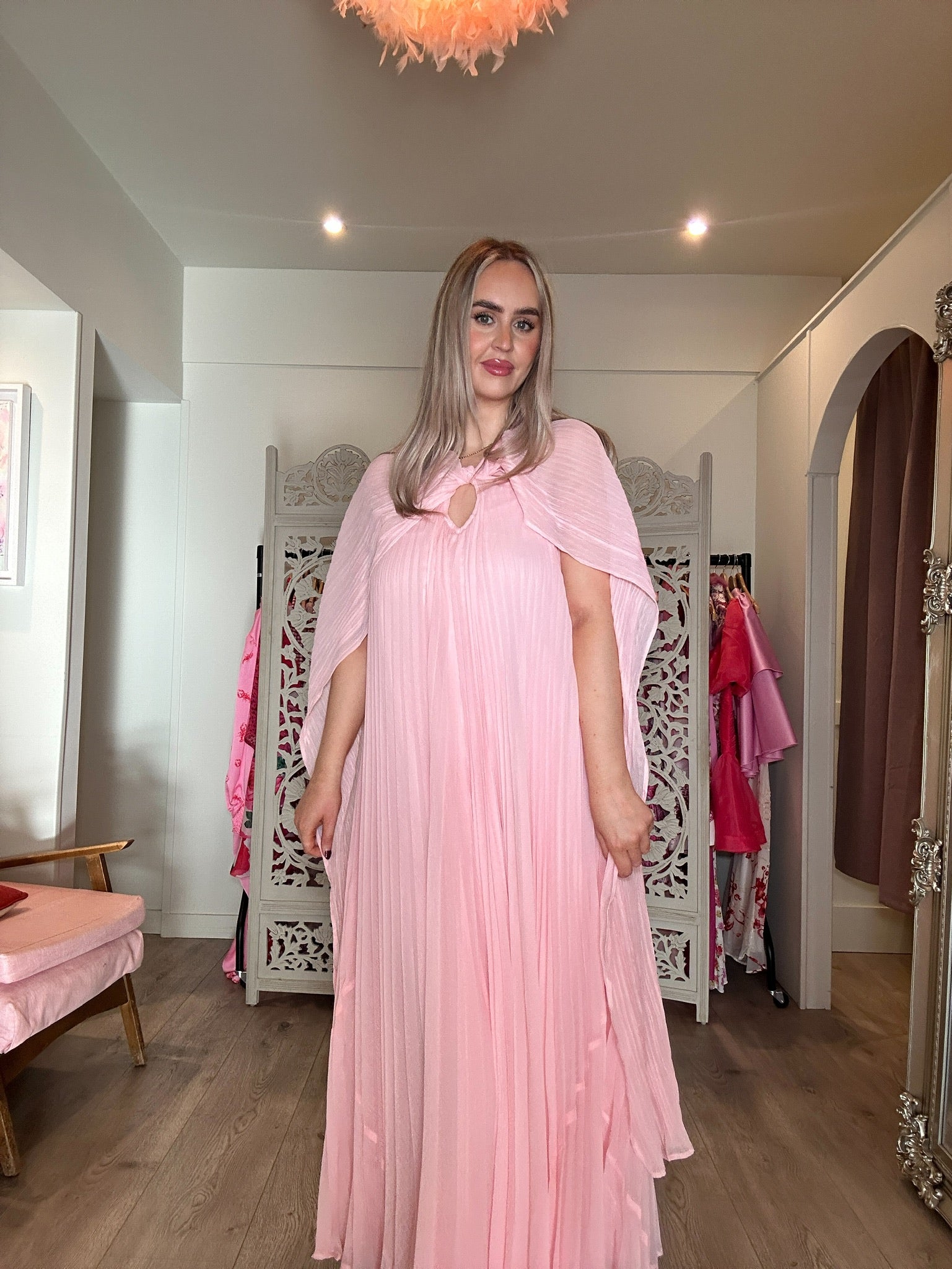 River Island Pink Pleated Cape Maxi Dress