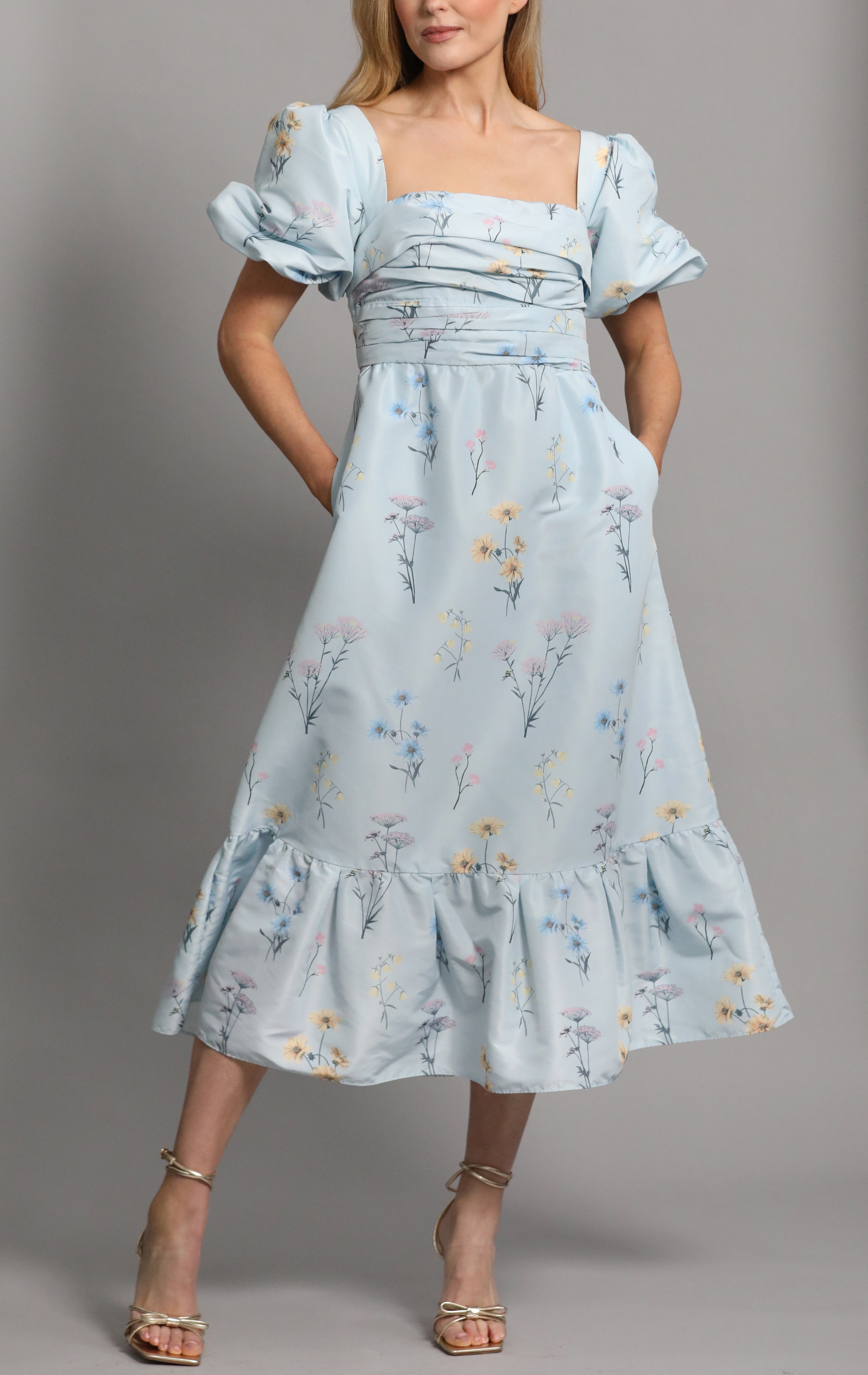 Blue Floral Watercolour Taffeta Midi Dress