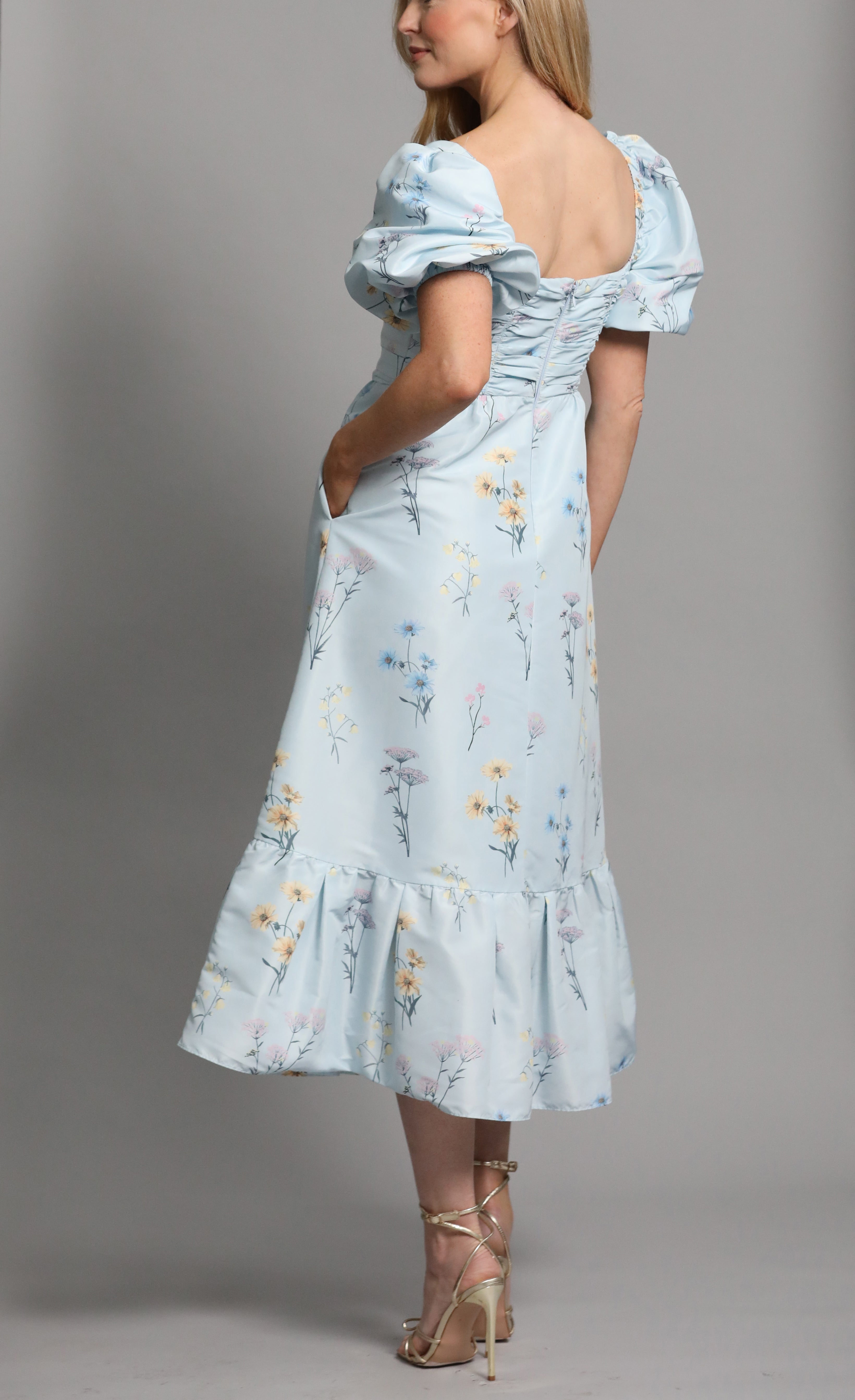 Blue Floral Watercolour Taffeta Midi Dress