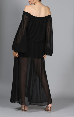 black strapless chiffon maxi dress