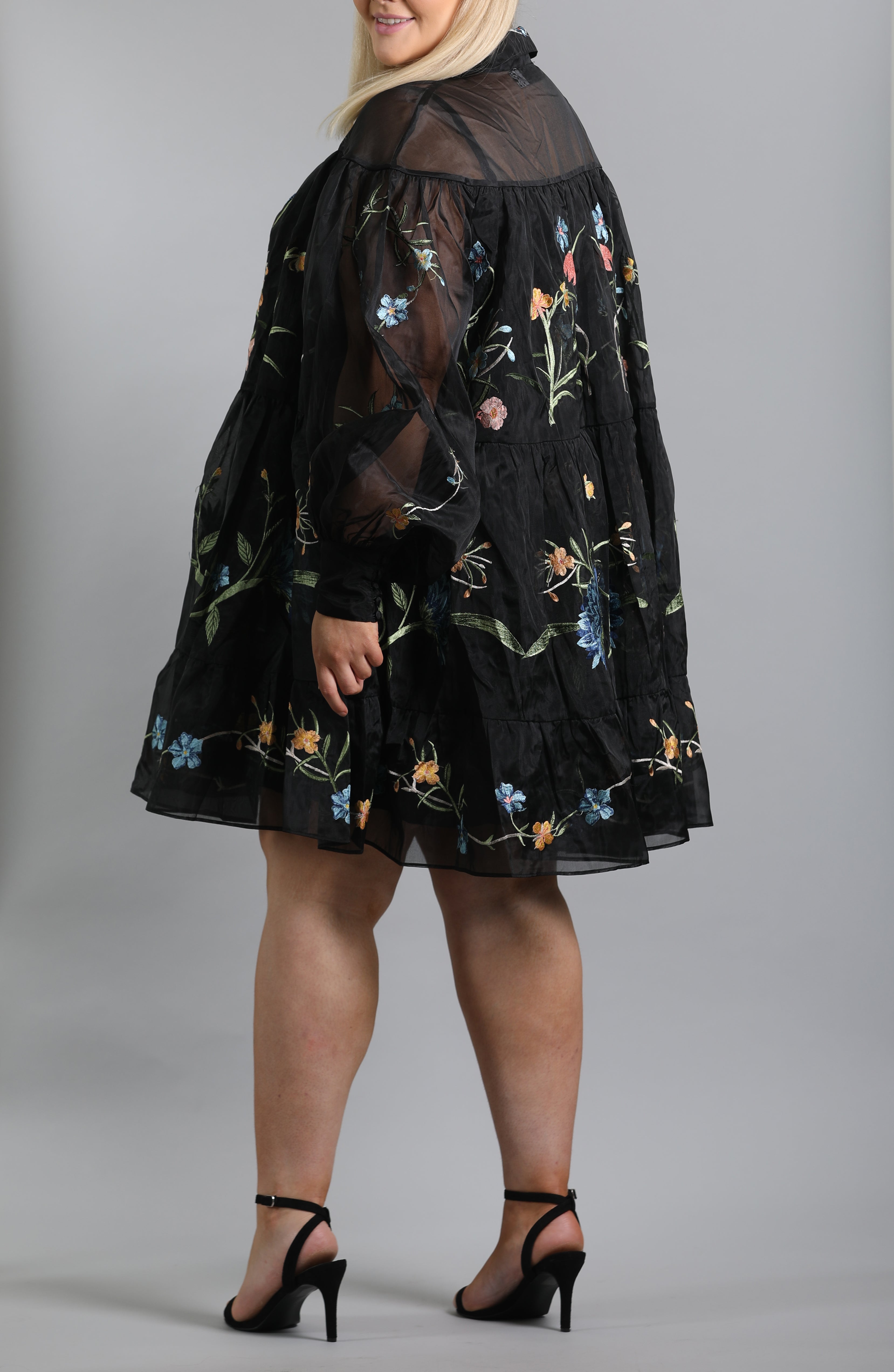 Mini Shirt Dress In Organza With Floral Embroidery