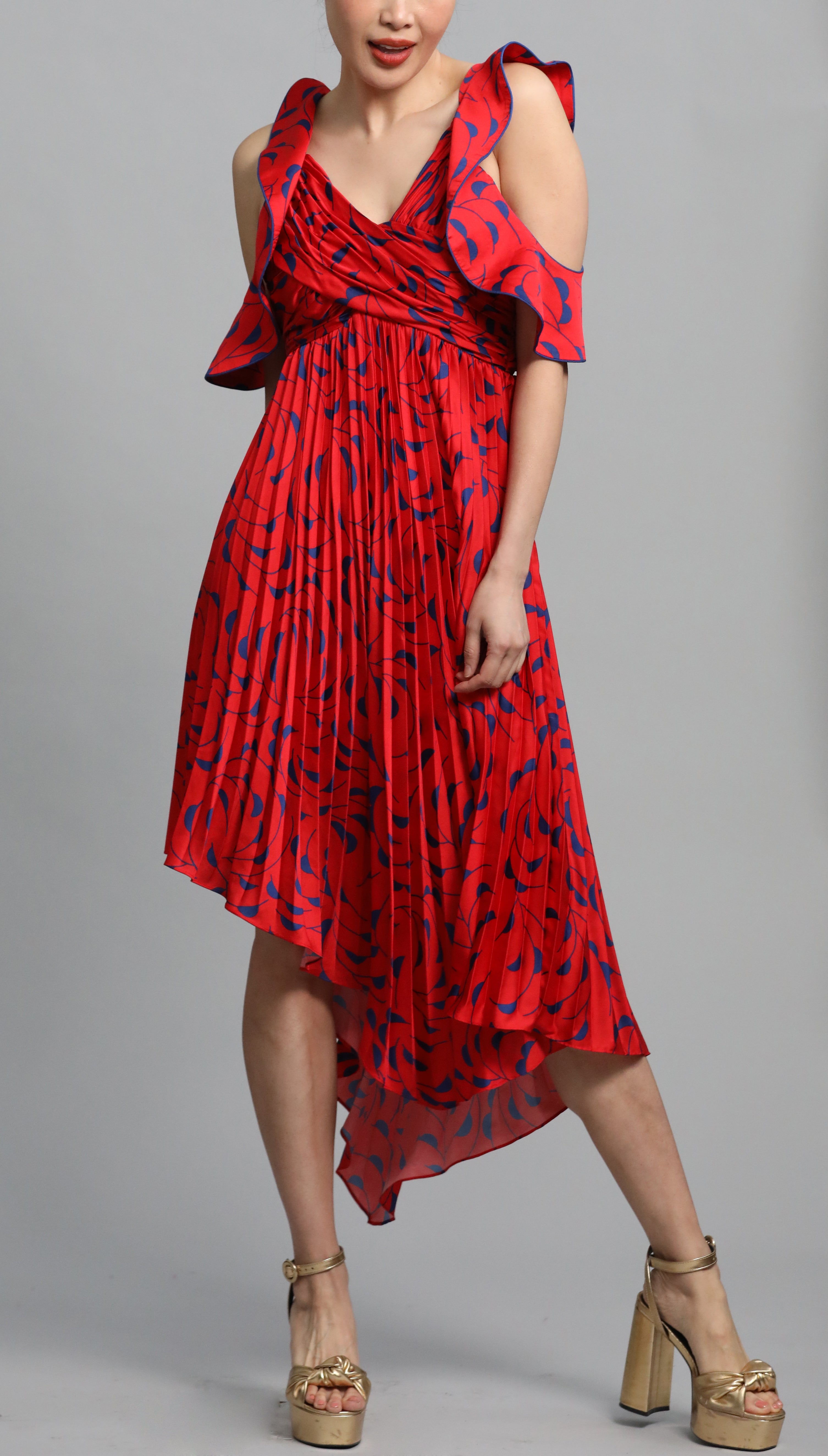 Red Asymemetric Printed Satin Midi Dress