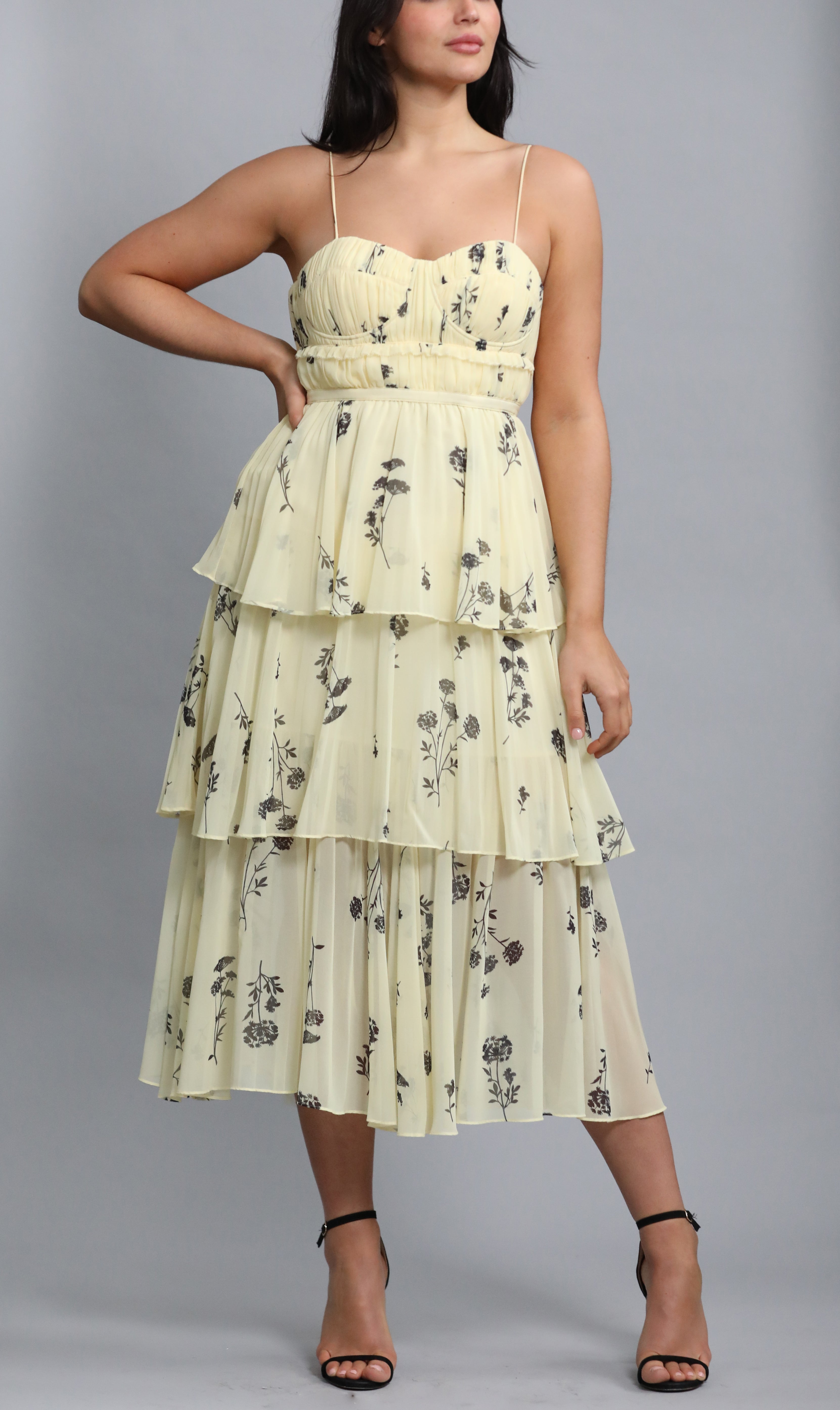 Yellow Floral Sleeveless Chiffon Tiered Midi Dress