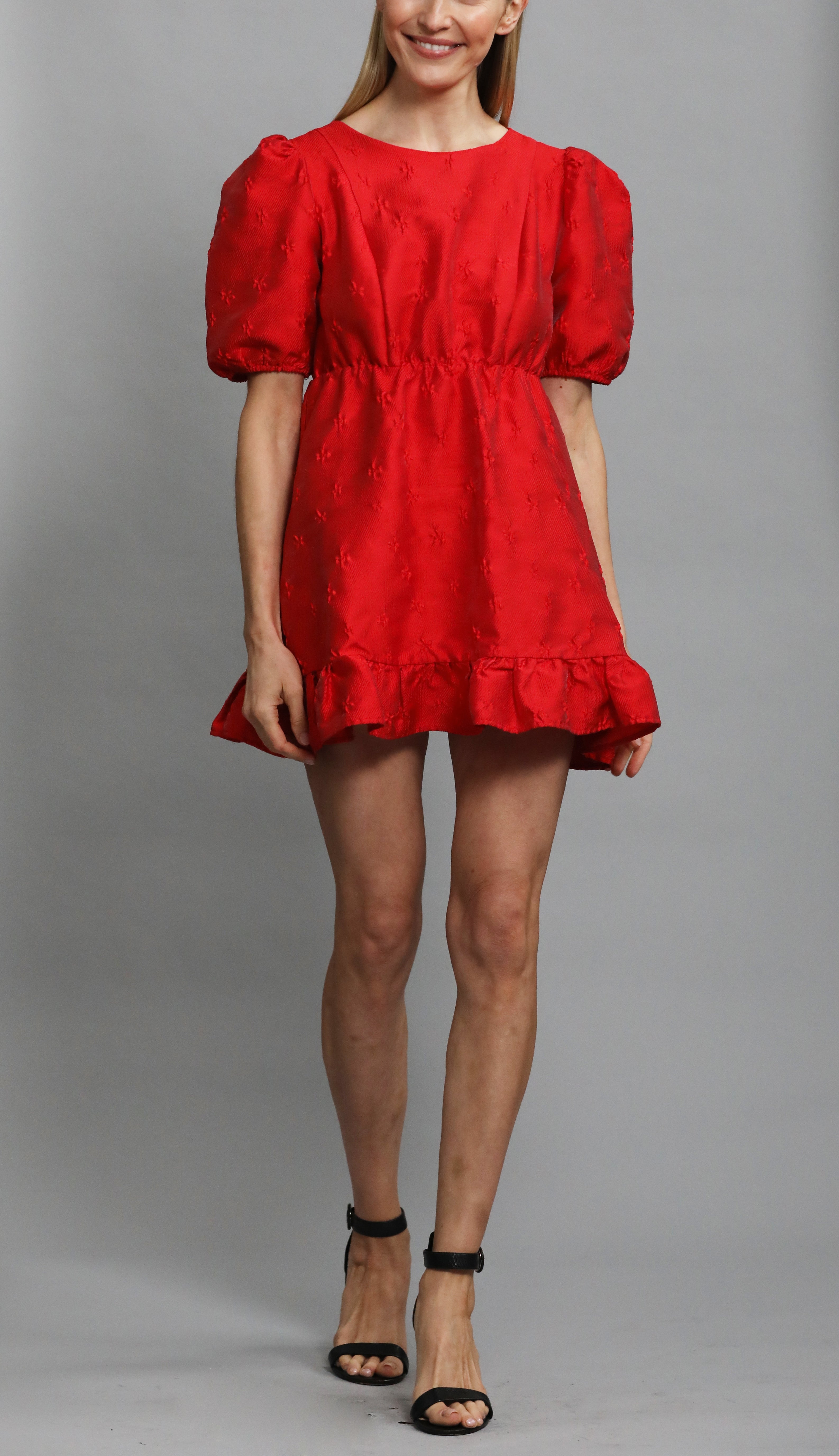 Red jacquard mini dress with open heart back