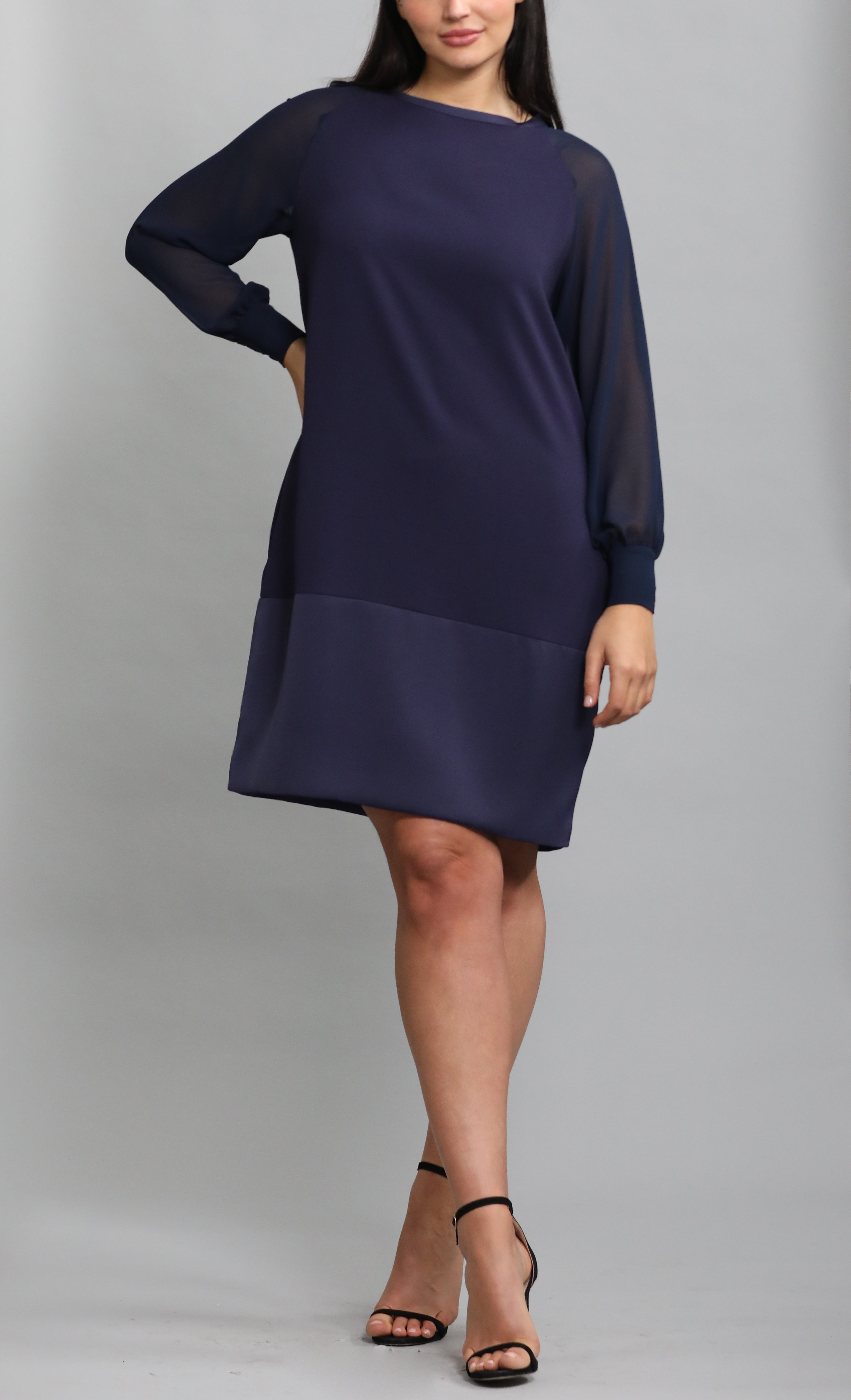 Navy Dress With Sheer Sleeves