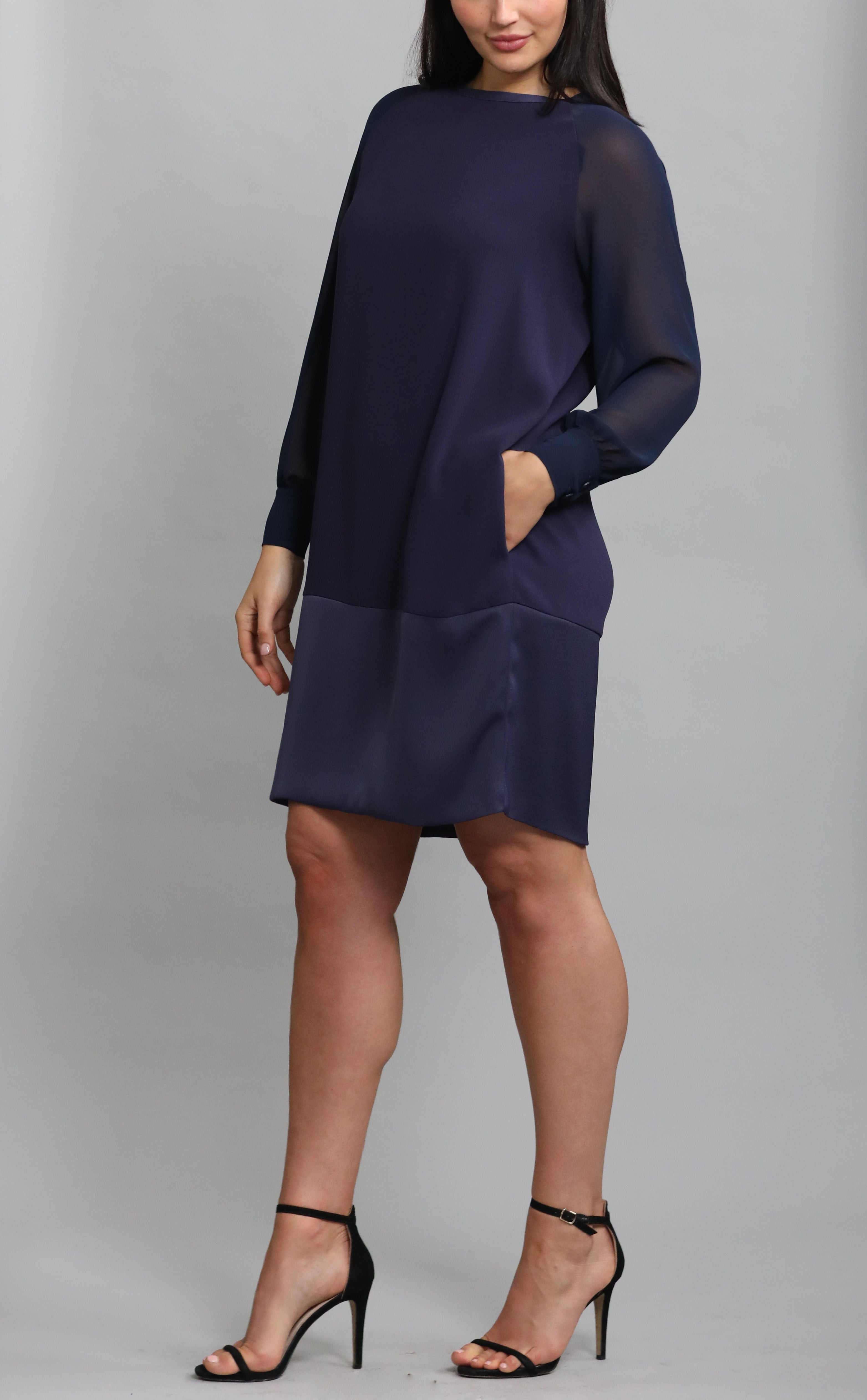 Navy Dress With Sheer Sleeves