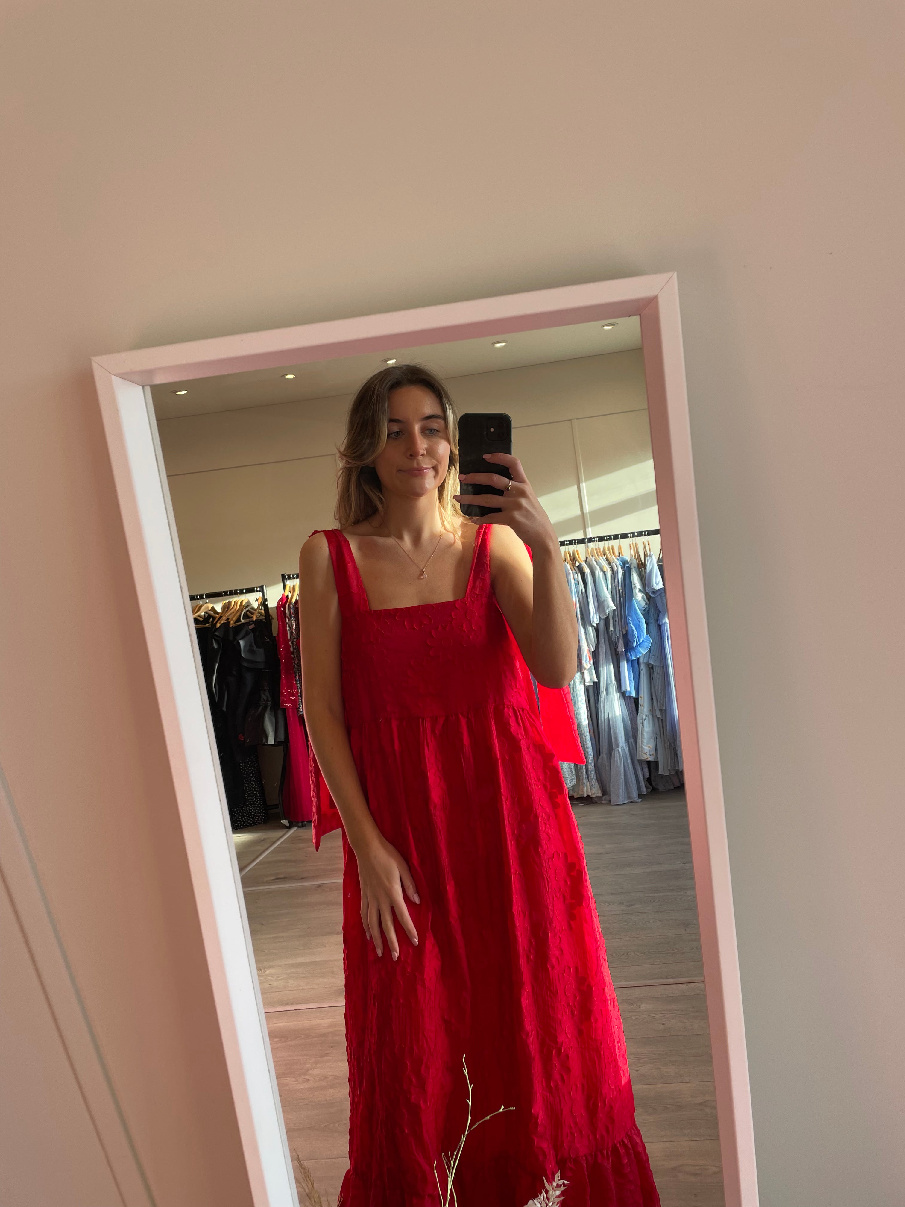 Sister Jane Tiered Maxi Dress In Red Jacquard With Bow Straps