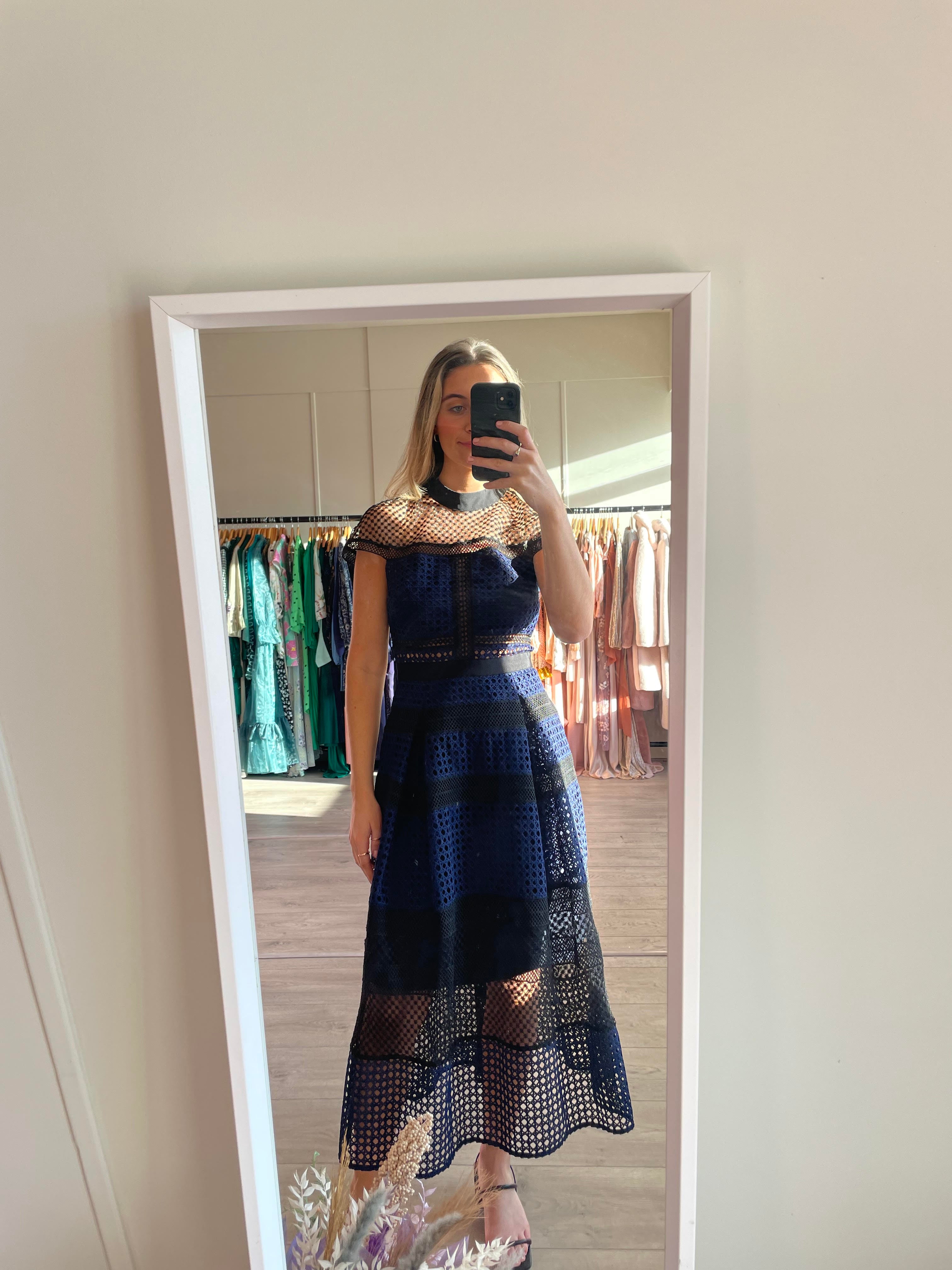 Blue Crosshatch Panelled Midi Dress