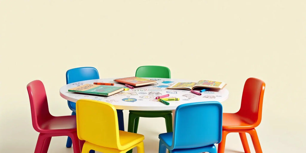 كراسي بلاستيكية ملونة مرتبة حول ترابيزة بلاستيكية مع كتب ورسومات توضح الاستخدام اليومي