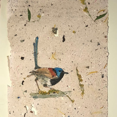 painting of a wren on hand-made paper by artist Sue Duffy