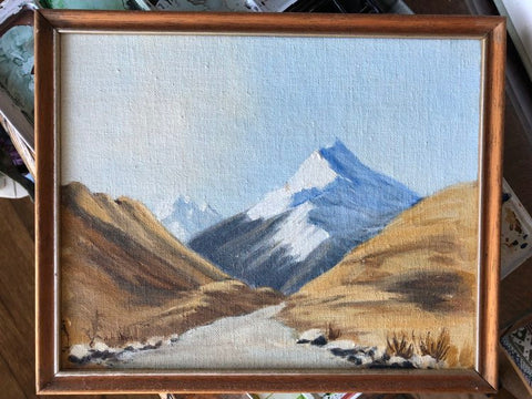 Woodden framed oil painting of Mt Cook in New Zealand by artist Mary MacBeath