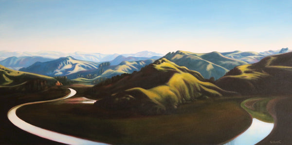 Incredible oil painting of a New Zealand landscape featuring mountains and a river by artist Sarah MacBeath