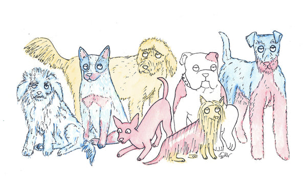 A group of dogs in pink blue and yellow a watercolour illustration by Clare Duffy for Hound Town