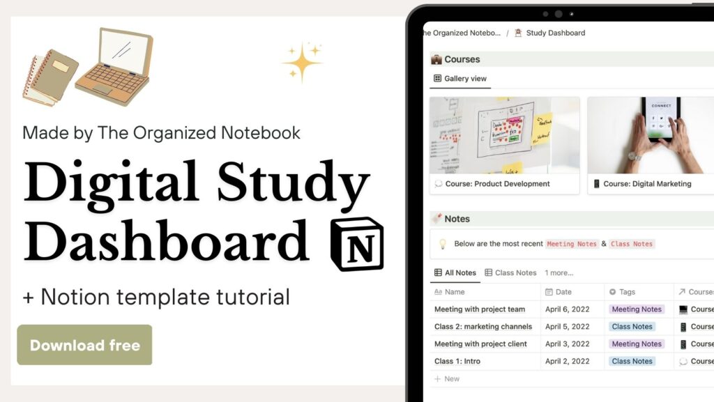 Study Dashboard Notion Template (free download) – The Organized Notebook