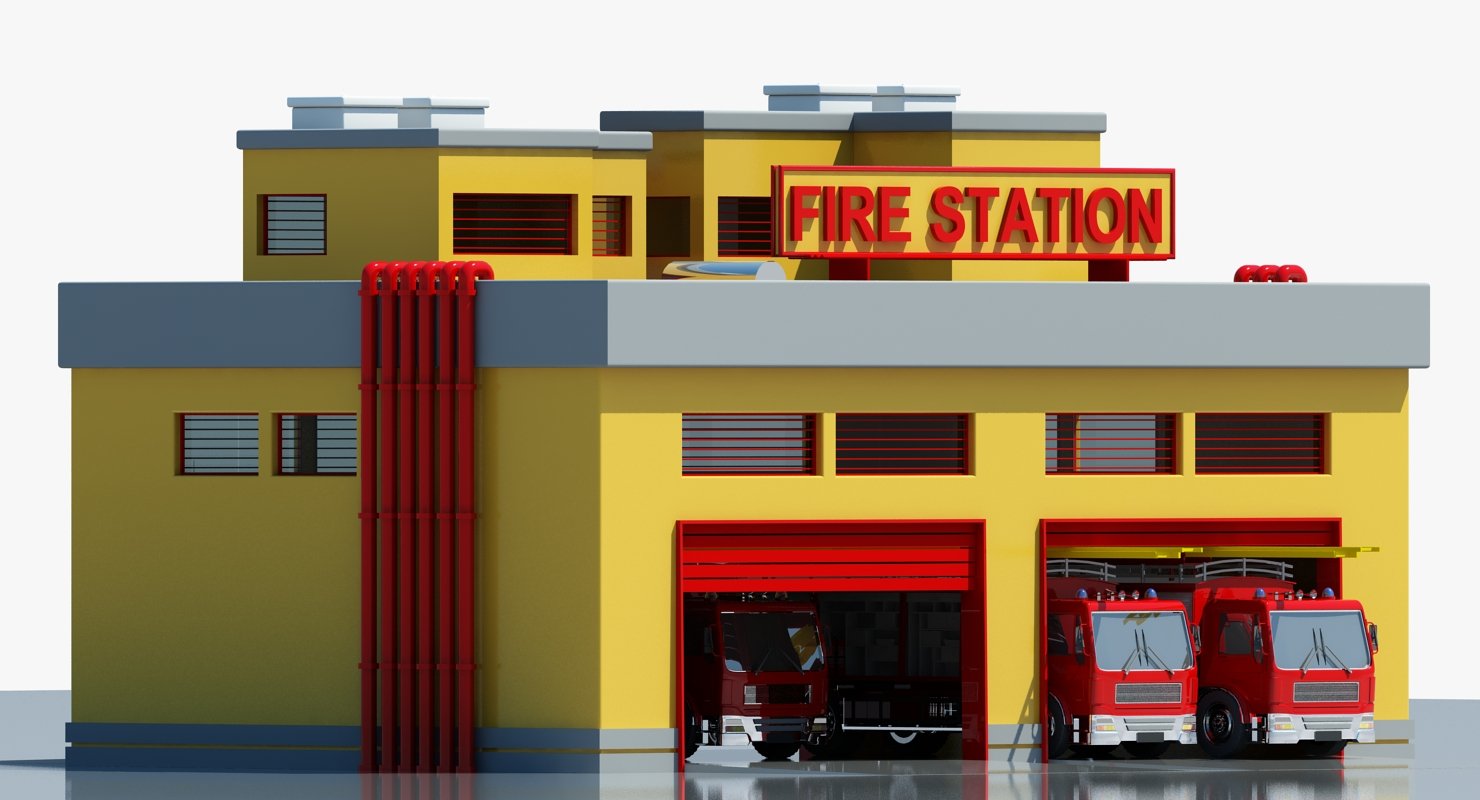 Cartoon Fire Station Building 3D Model – WireCASE