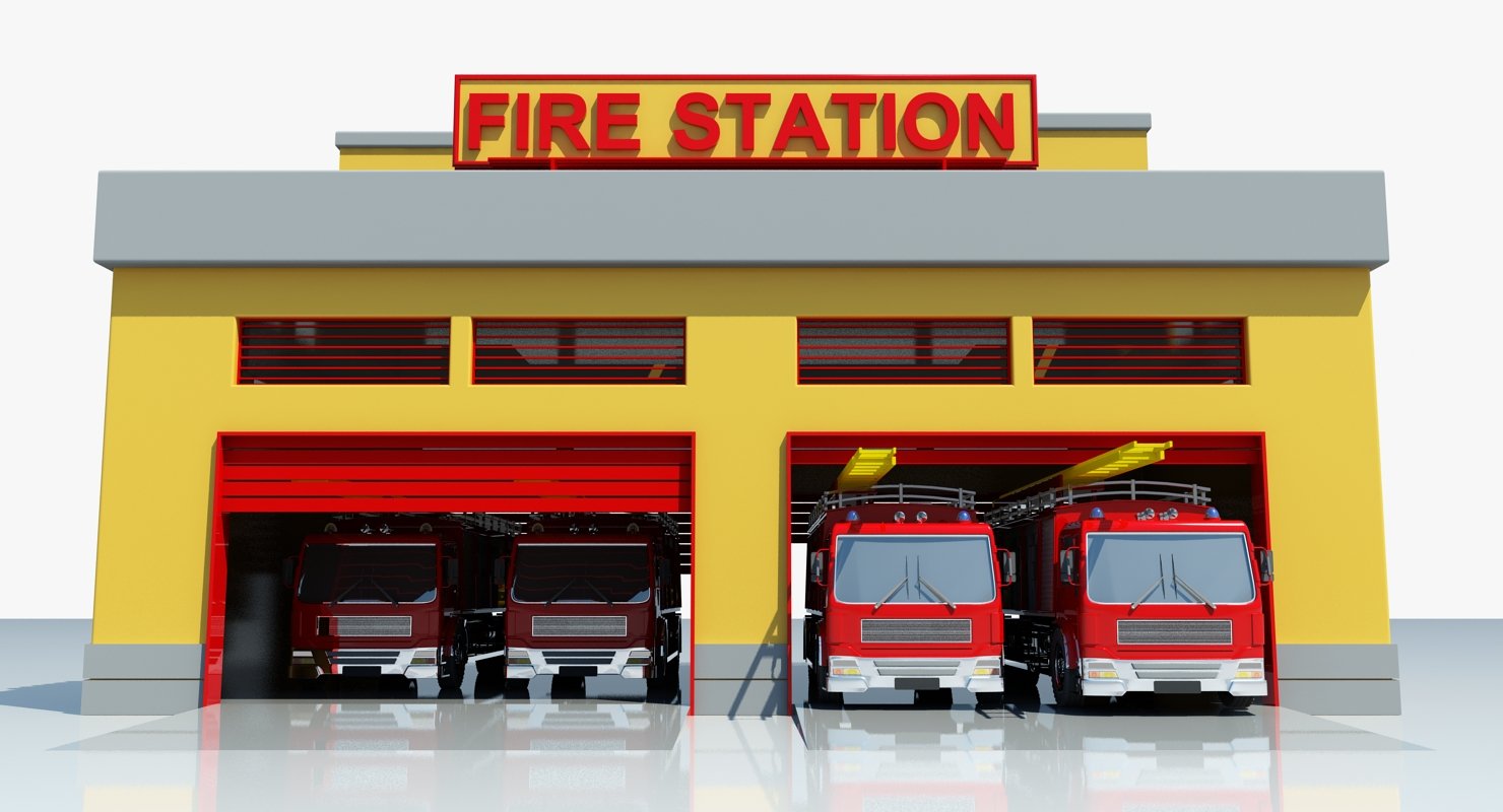 Cartoon Fire Station Building 3D Model – WireCASE