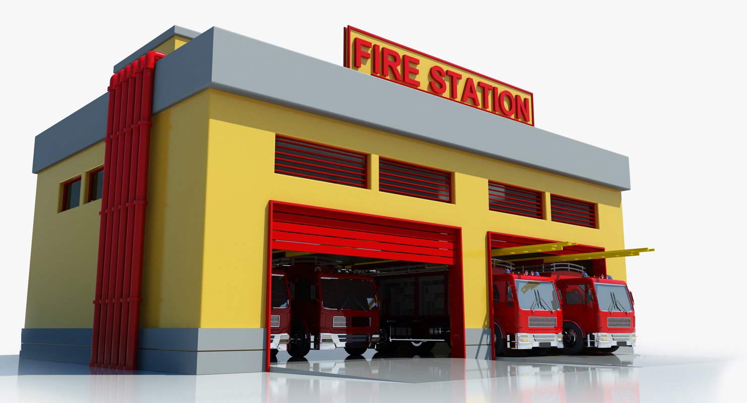 Cartoon Fire Station Building 3D Model – WireCASE