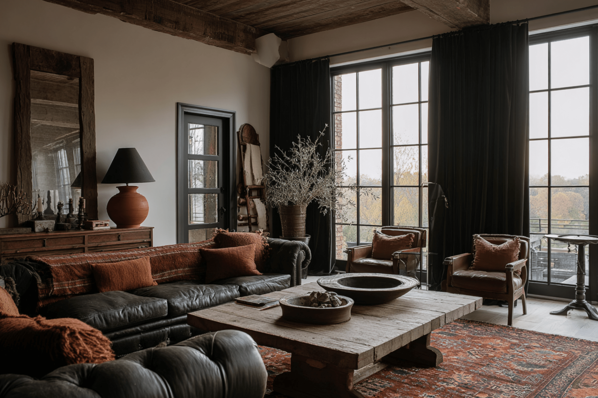 a stylish interior showcases an elegantly arranged living space featuring versatile vintage furniture pieces, including a sophisticated mid-sized credenza and an ornate armoire, enhancing the room