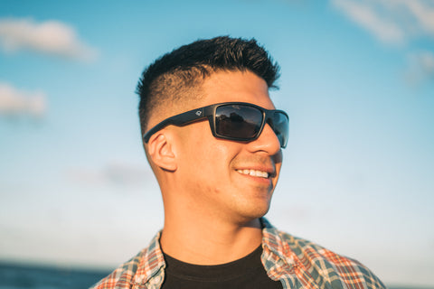 a man wearing Torege polarized sunglasses outdoors