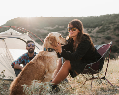 a couple wearing Torege sunglasses sitting a camping site enjoying time with their puppy