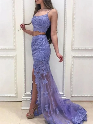 Two Pieces Mermaid Lace Backless Long Prom Dresses Formal Evening Dresses - BL Dress