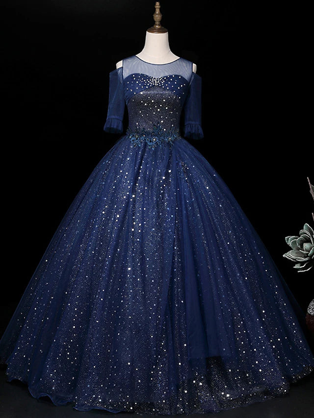 Ball Gown Sparkle Elegant Quinceanera Prom Dress Illusion Neck Half Sl ...