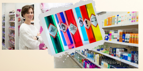 Female looking at skincare products on store shelf. Image of toxic chemical vials overlay