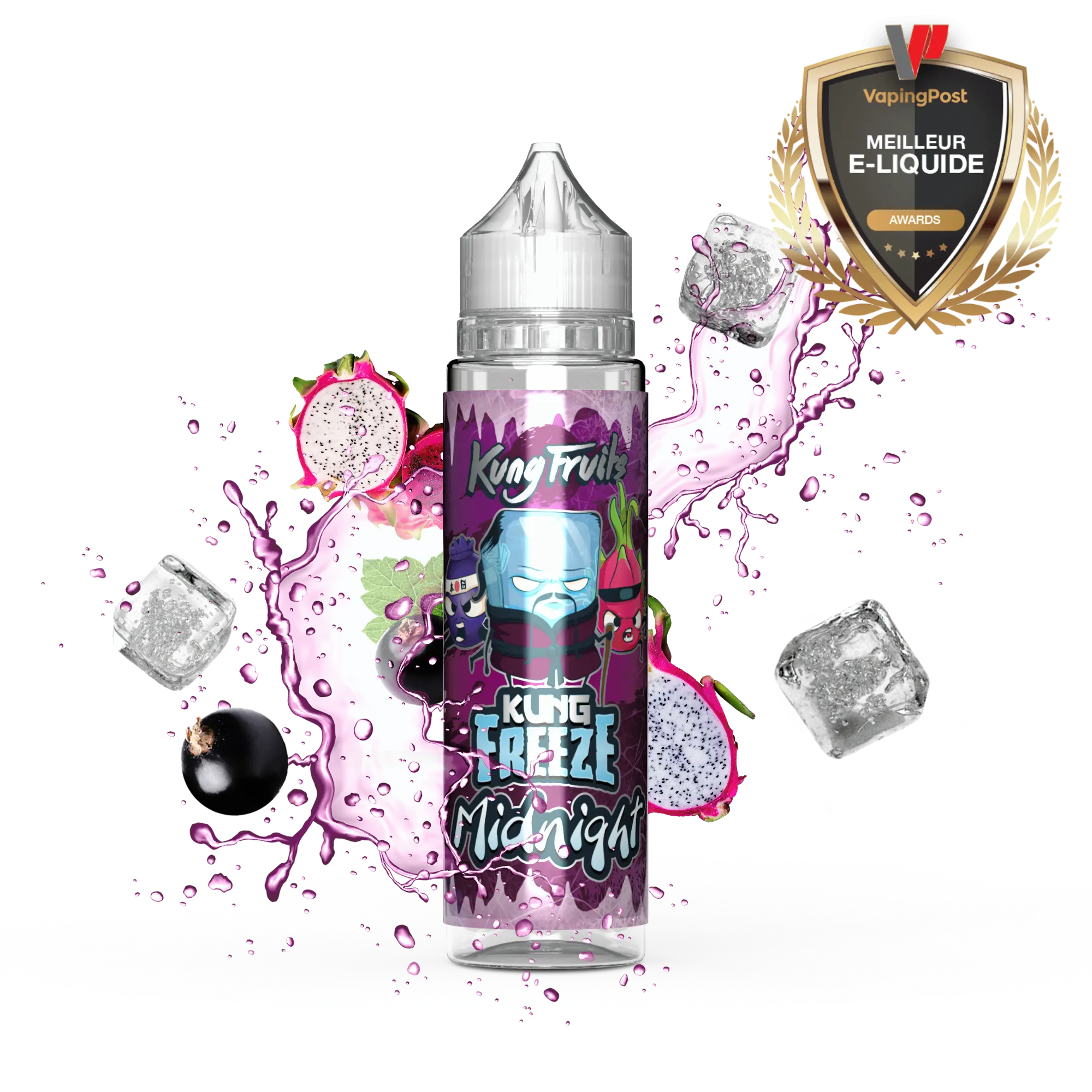 e-liquide_français_en_50ml_KUNG_FREEZE_Midnight_de_la_gamme_Kung_Fruits_avec_splash_fruité_et_glacé_L'image_montre_un_flacon_d'e-liquide_de_la_gamme_Kung_Fruits_nommé_"KUNG_FREEZE_Midnight",_illustré_avec_des_fruits_exotiques_comme_le_pitaya_et_des_baies_noires,_ainsi_que_des_glaçons,_le_tout_sur_un_splash_dynamique_de_liquide_violet._L'esthétique_générale_évoque_une_saveur_fruitée_et_fraîche,_typique_des_produits_de_Cloud_Vapor.