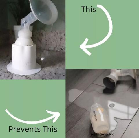 breast milk container holding up a breast pump flange & breast pump bottle from spilling milk