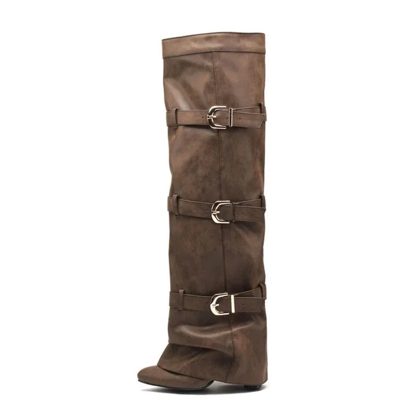 Women Belt Buckles Overlay Custom Styles Over Knee High Boots Ladies High Chunky Heels Shoes Folded Soft Suede Long Booties