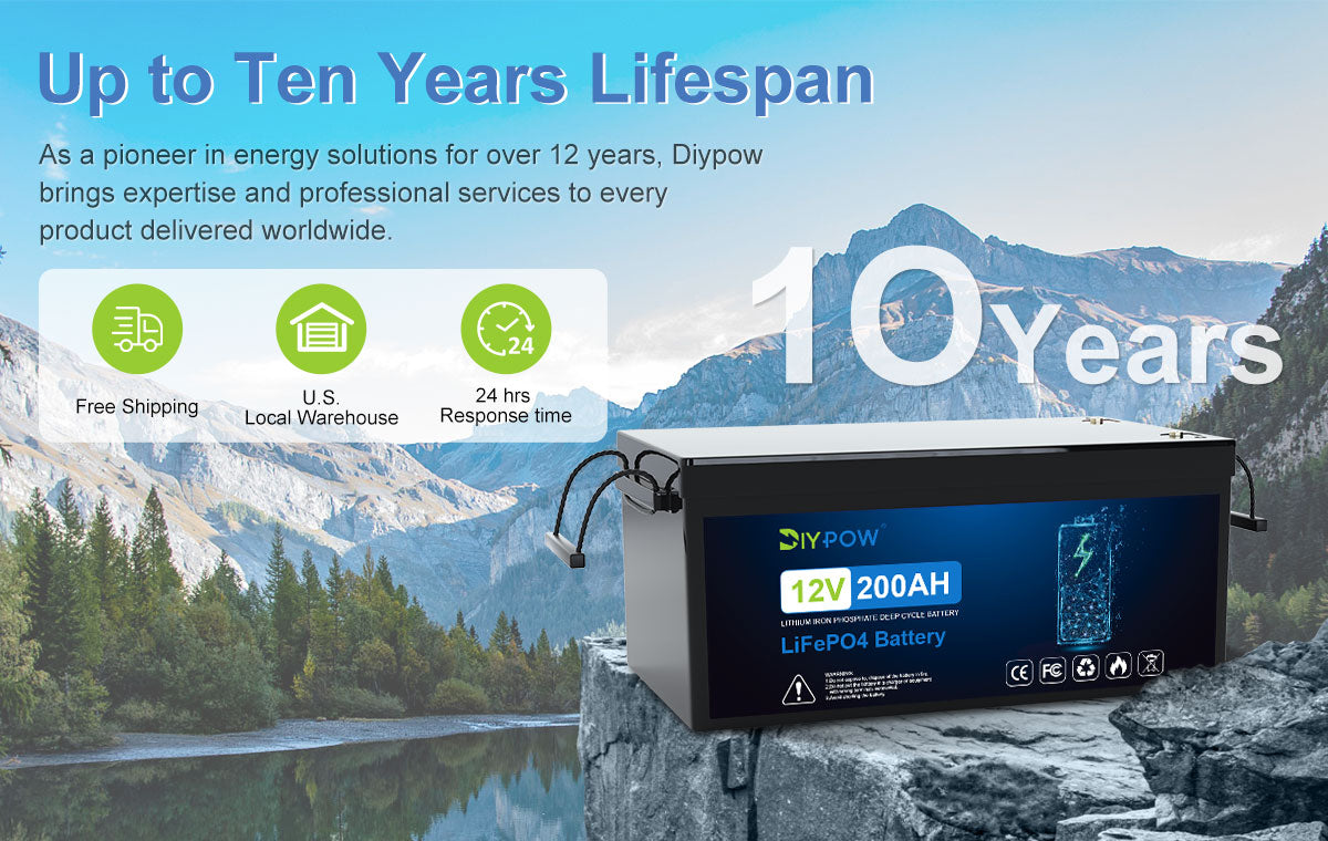 Diypow 12V 200AH Deep Cycle LiFePO4 Battery Pack | 2.56kWh & 1.28kW