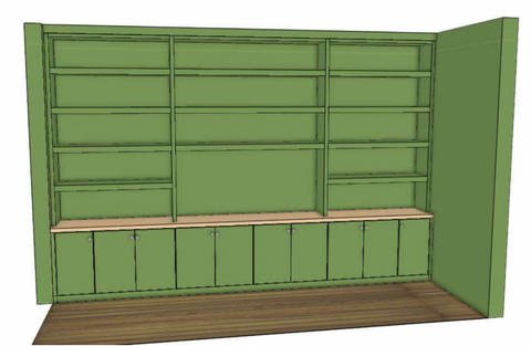 Green home office built-in shelving and cabinets rendering