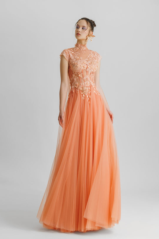 Buy Peach Net Round Embroidered Gown For Women by COUTURE BY NIHARIKA  Online at Aza Fashions.