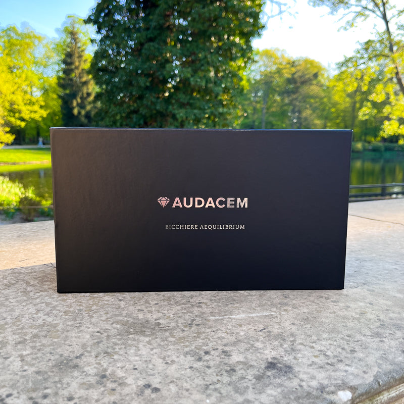 Audacem Aequilibrium glassware gift box displayed outdoors