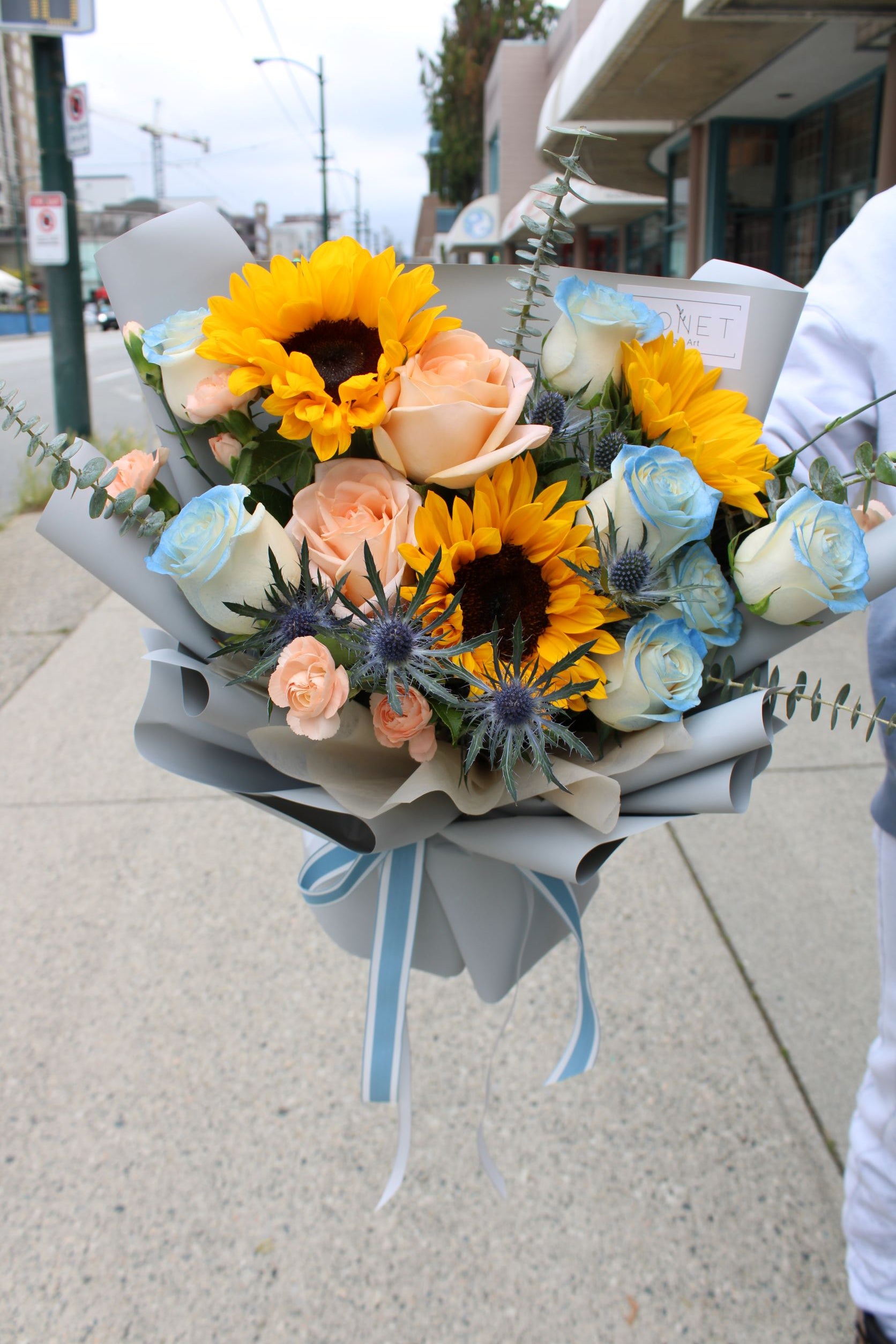 Blue and White Sunflower Bouquet University Graduation Vancouver