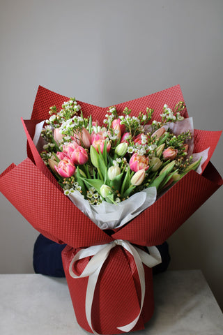 Large Premium Tulips and Wax Flower Bouquet