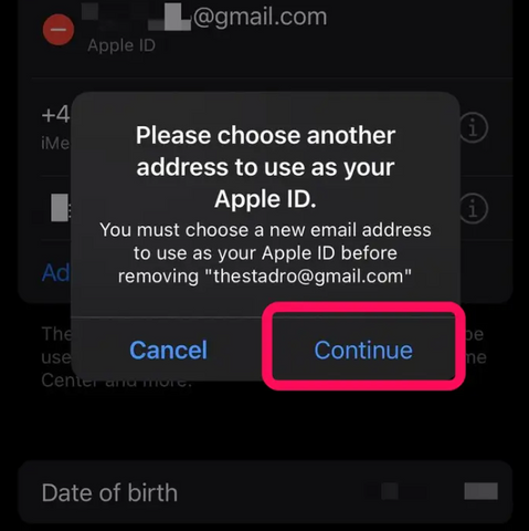 Confirm by tapping Continue to add a new email as your Apple ID.