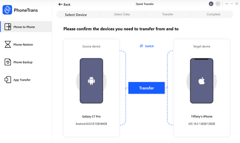 Select your Android device as the source and your iPhone as the target in the PhoneTrans transfer window.