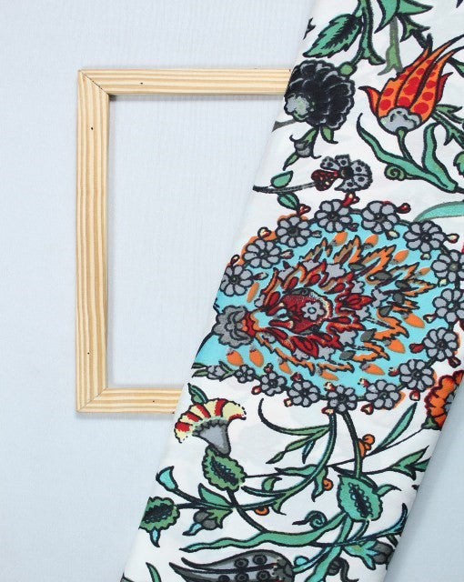 White and Multicolor Floral Design 3 Polyester Crepe Fabric