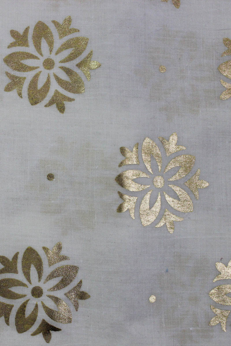 White Golden Foil Printed Flowers Cotton Fabric